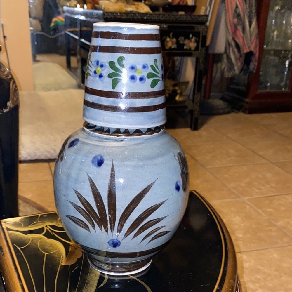 BOX41 Handcrafted Ceramic Water Pitcher with cup. Blue and Brown Accents